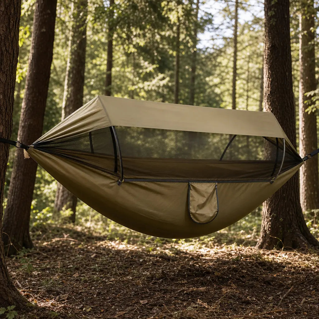 Hamac de camping 3 en 1 avec moustiquaire et toile de protection solaire | AVENTRA