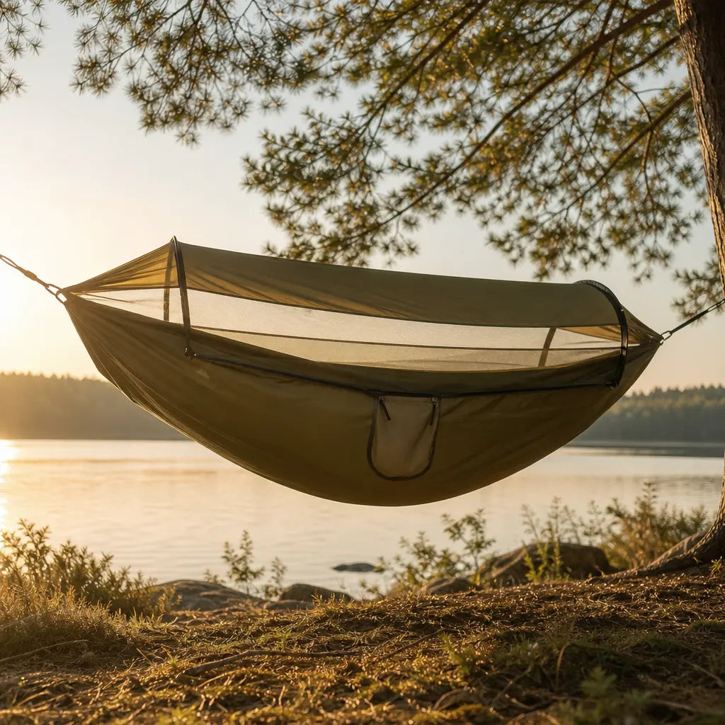 Hamac de camping 3 en 1 avec moustiquaire et toile de protection solaire | AVENTRA