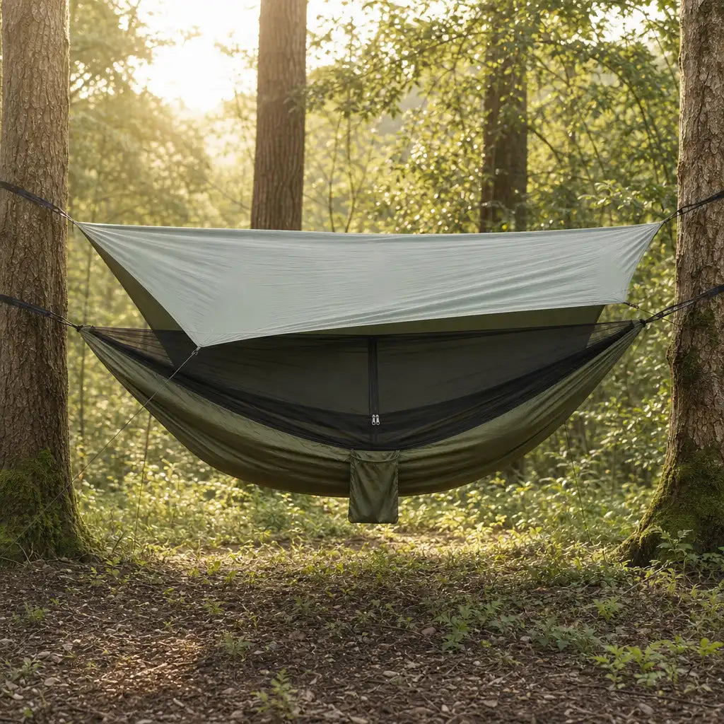 Hamac de camping avec moustiquaire intégrée et bâche imperméable | NESTORA