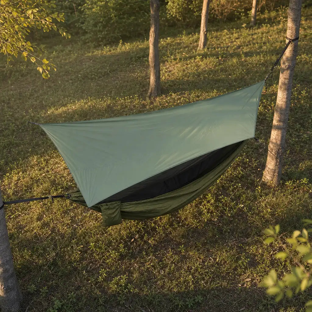 Hamac de camping avec moustiquaire intégrée et bâche imperméable | NESTORA