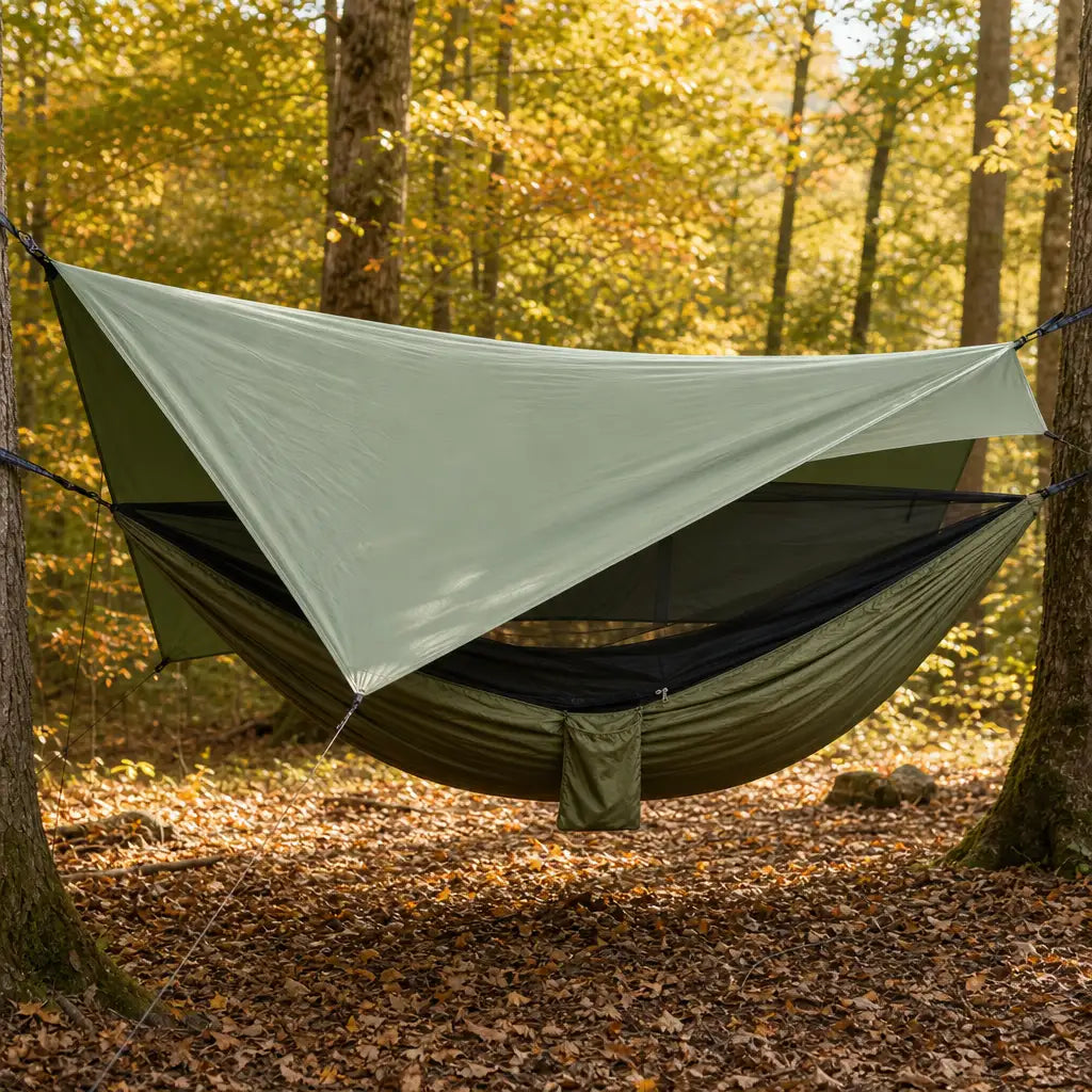 Hamac de camping avec moustiquaire intégrée et bâche imperméable | NESTORA
