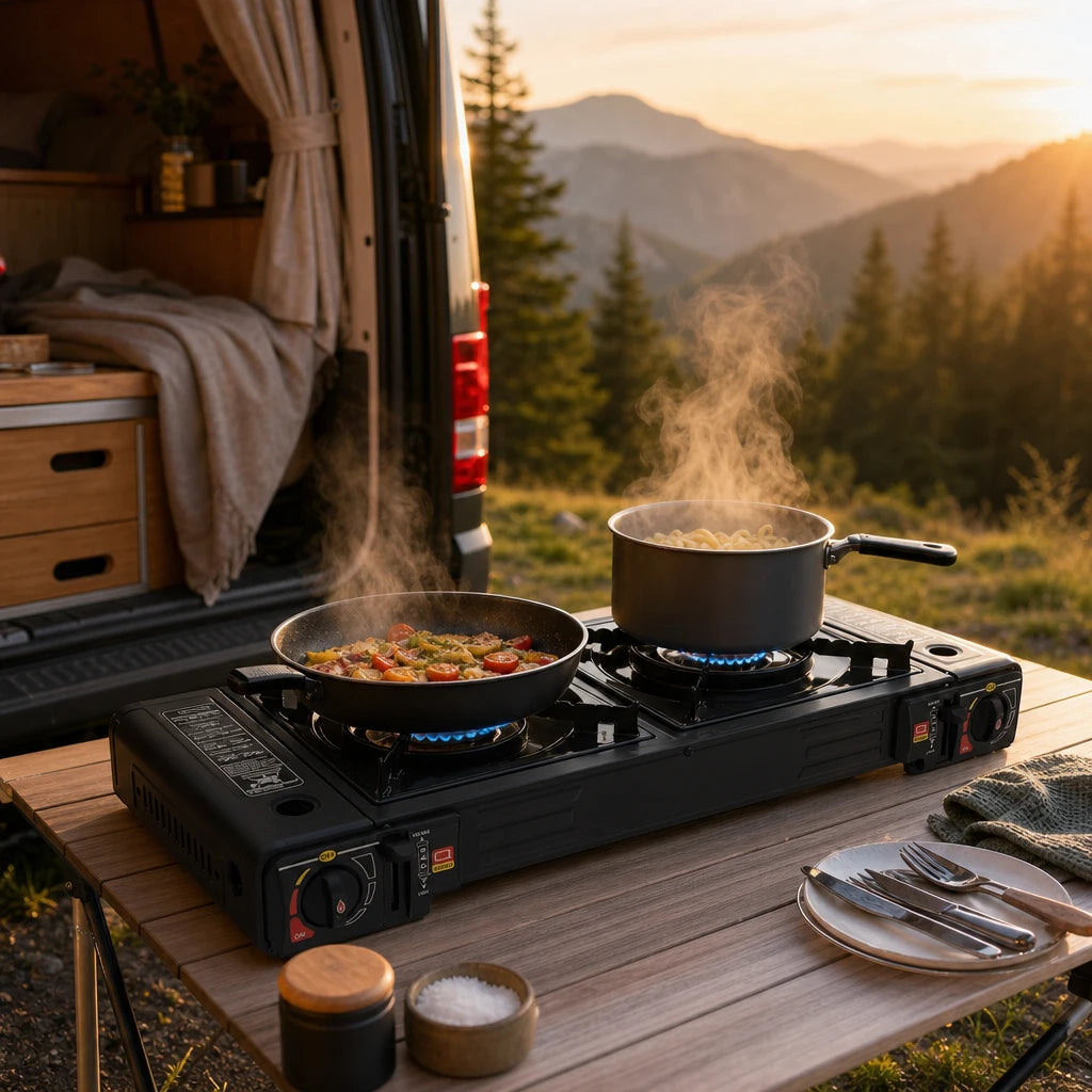 Réchaud à gaz portable double brûleur 2,5 kW avec allumage automatique | FLAMVIK